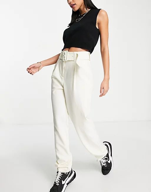 Vero Moda belted waist tailored trousers in cream | ASOS (Global)