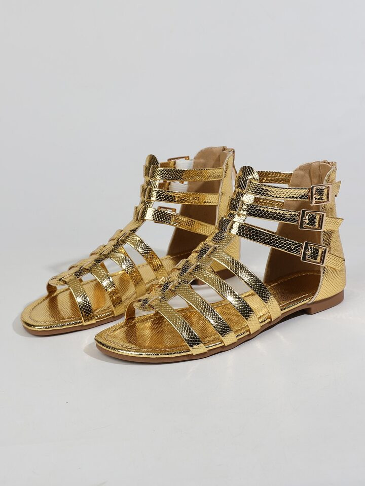 Women Glamorous Gladiator Sandals, Metallic Snakeskin Embossed Buckle Decor Flat Sandals | SHEIN