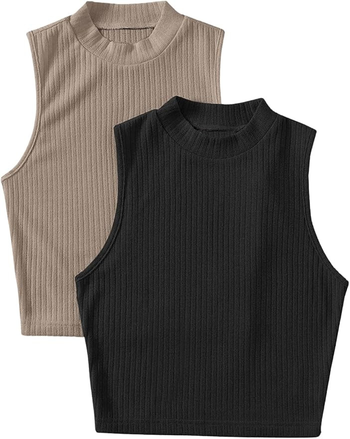 Milumia Women's 2 Packs Ribbed Knit Mock Neck Sleeveless Casual Basic Crop Tank Top | Amazon (US)