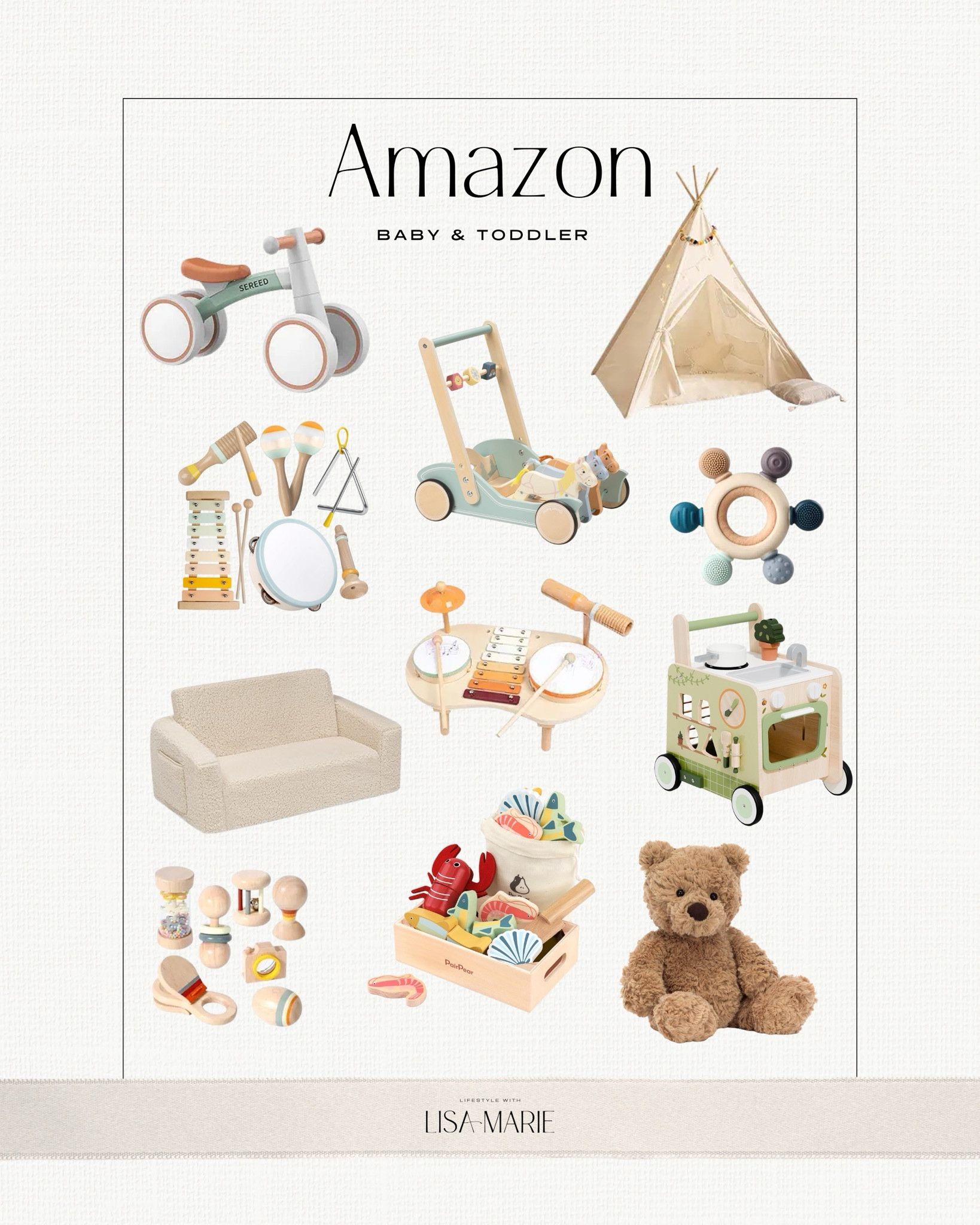 Amazon gift guide for baby and toddler. Toddler girl gift ideas. Toddler boy gift ideas. Boy present ideas. Girl gift ideas. Montessori toys and gifts. 1 year old, 2 year old Christmas present ideas. Wooden gifts for baby. Wooden gifts for toddler. 

#LTKGiftGuide #LTKHoliday #LTKBaby