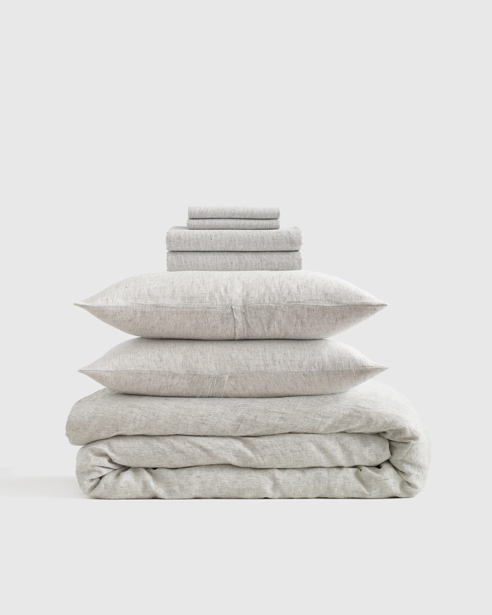 European Linen Stripe Deluxe Bedding Bundle in Grey/white Mini Pinstripe | Quince
