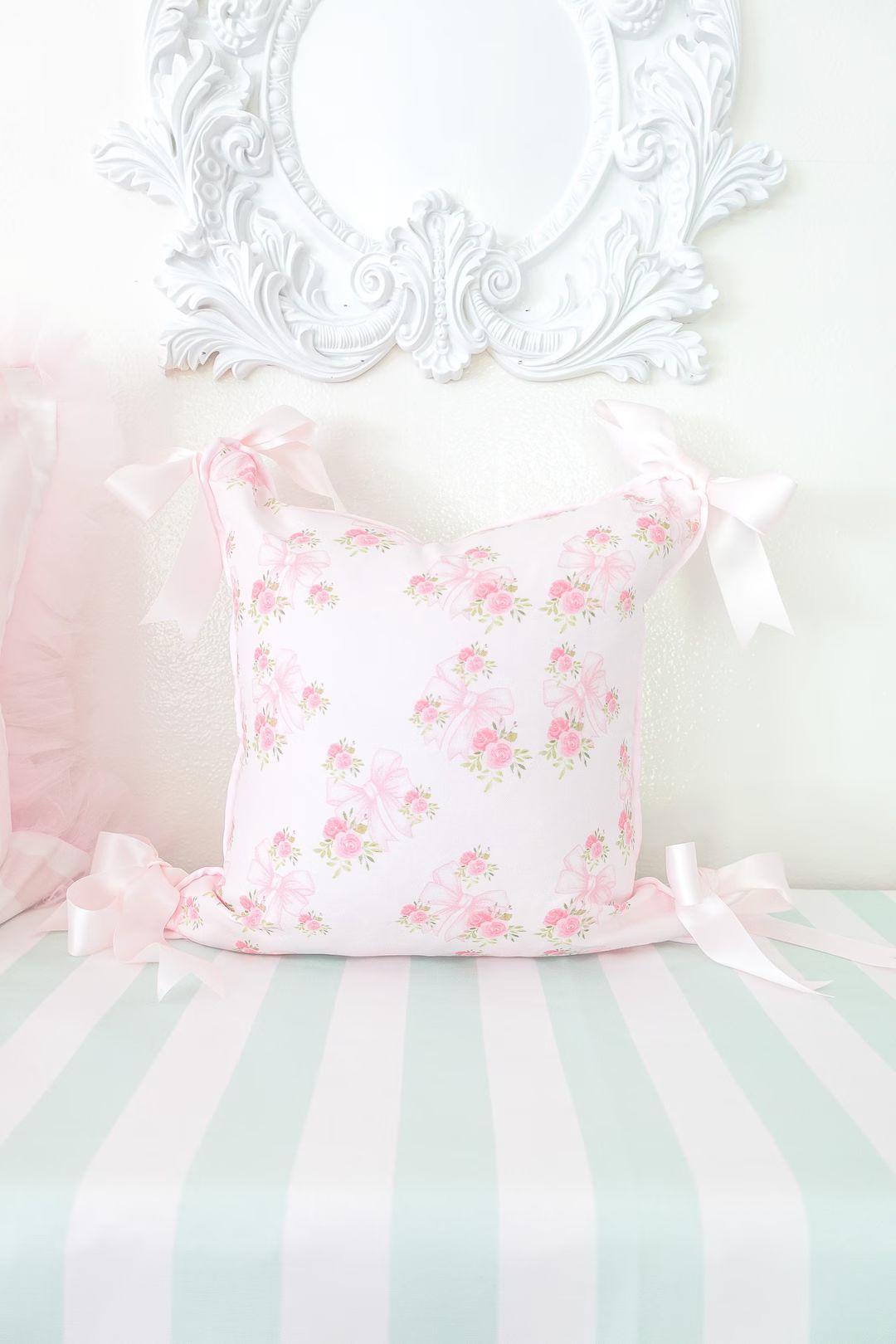 Felicity, Pink Bow, Floral Linen Shabby Chic Pillow Cover, Pink and White Stripe Backing- Reversi... | Etsy (US)