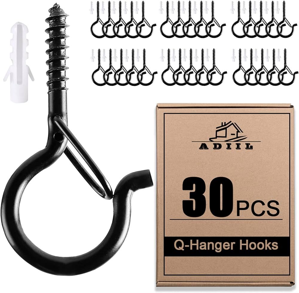ADIIL 30 PCS Q Hanger Hooks with Safety Buckle, Windproof Screw Hooks for Hanging Outdoor String ... | Amazon (US)