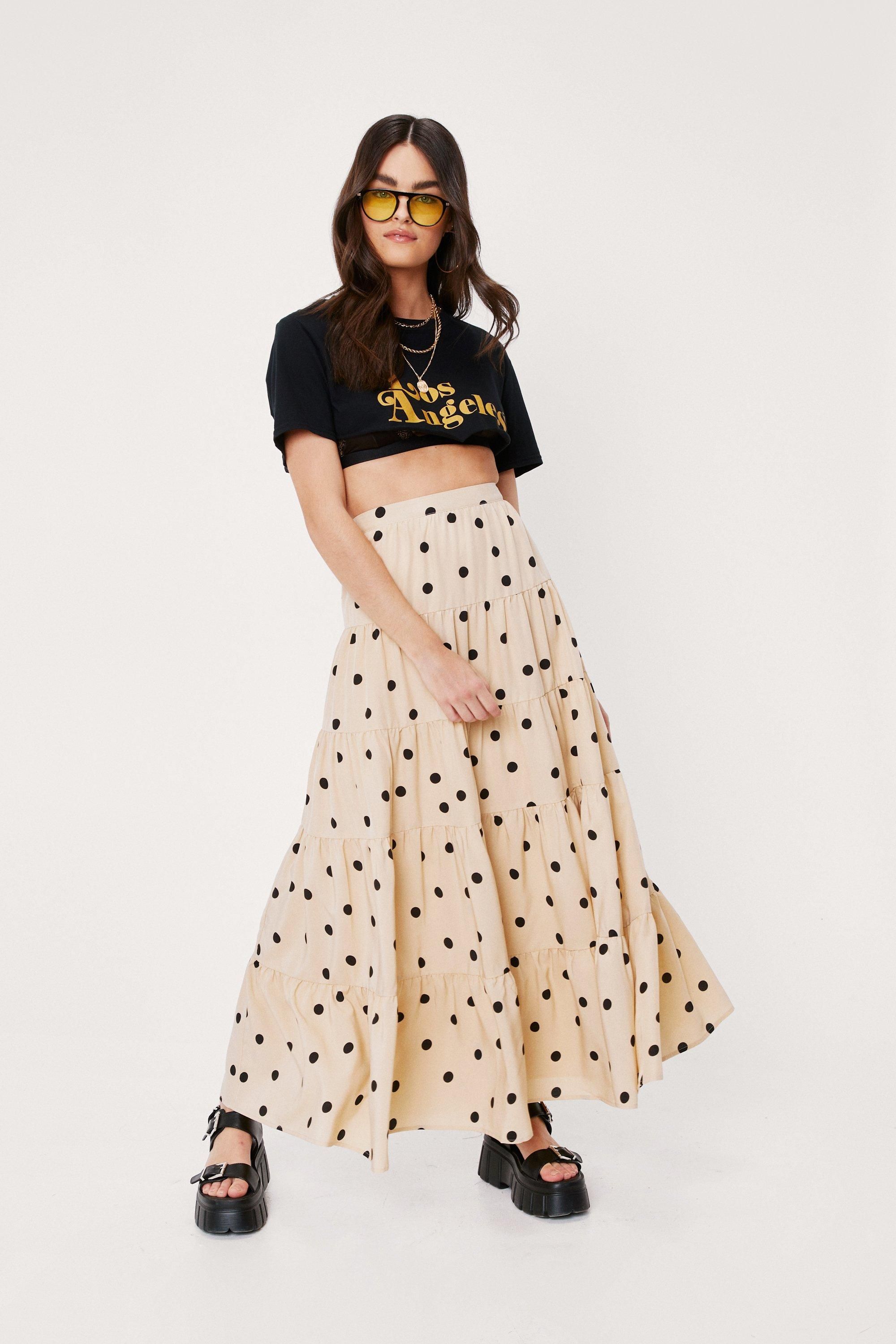 Polka Dot Print Tiered Maxi Skirt | Nasty Gal (US)