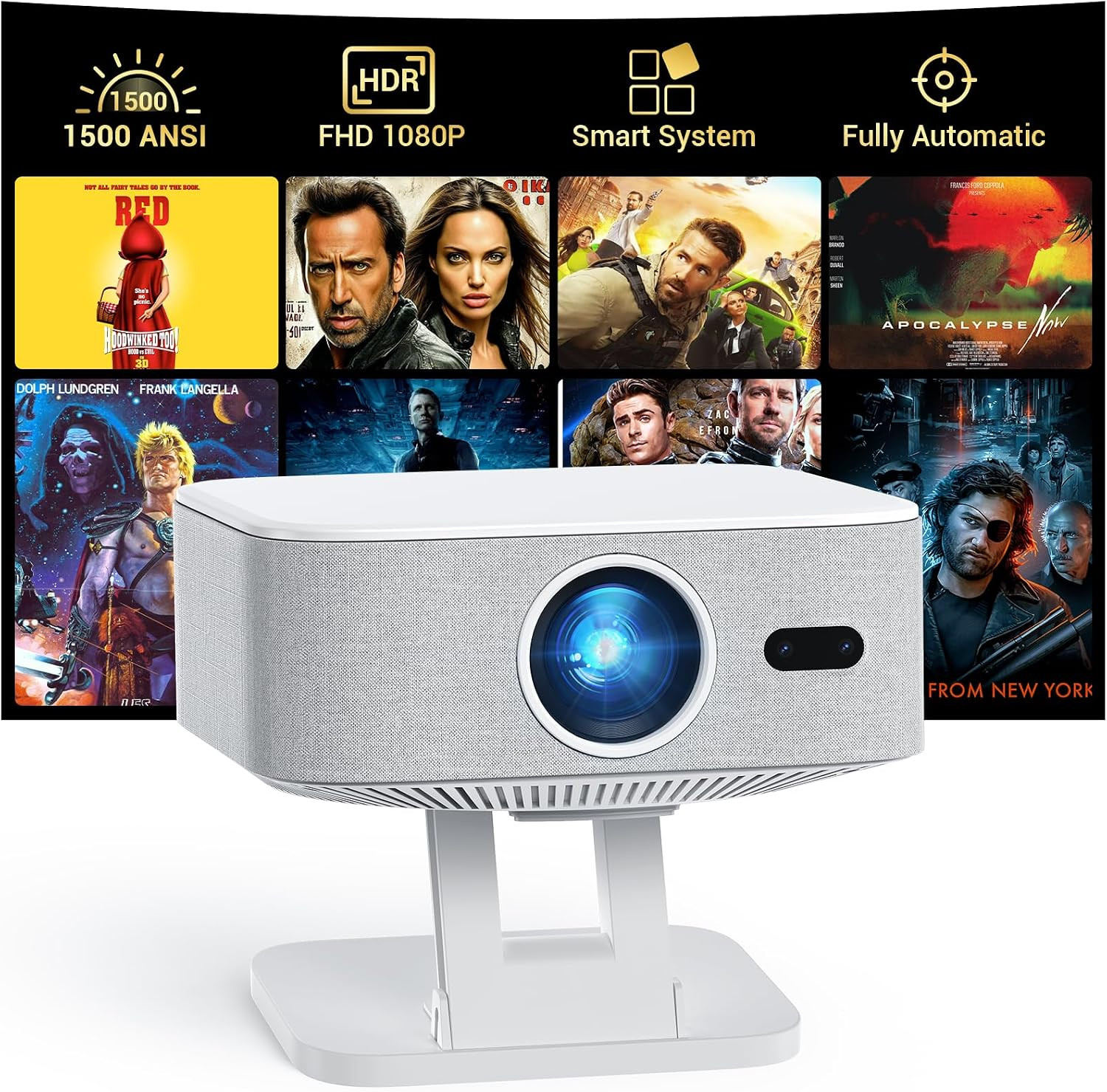 4K Outdoor Projector with Wifi and Bluetooth, Built-in Apps, Smart Projector with Auto Focus & Keystone, 1500 ANSI Lumens and 300" Movie Projector for Outdoor Use | Amazon (US)
