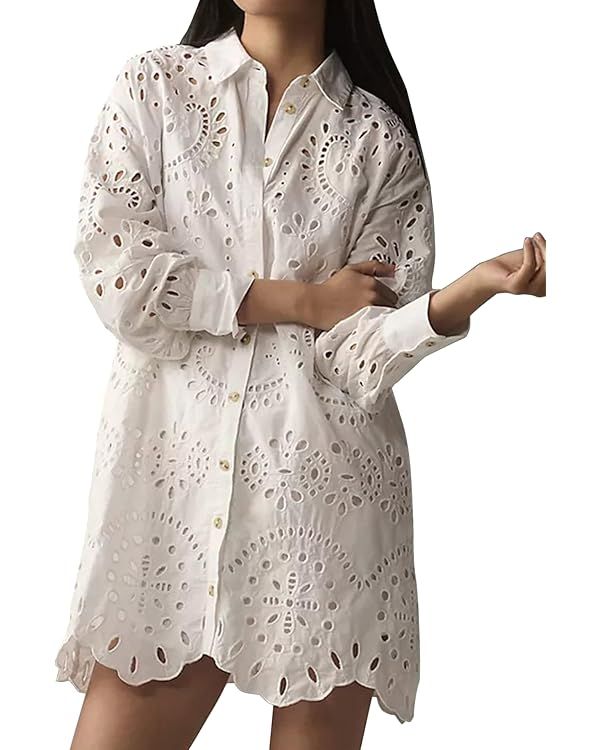 CHARTOU Women Eyelet Lace Dress Button Down Shirt Loose Fit Summer Casual Mini Dress | Amazon (US)