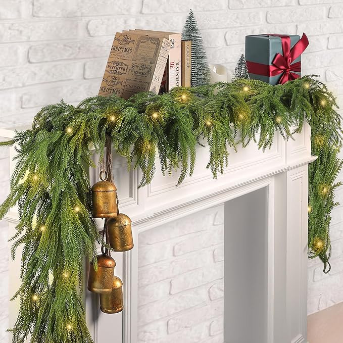 Fovths 1 Pack 6 Feet Christmas Norfolk Garlands Set Artificial Faux Greenery Garland 4 Cow Bell w... | Amazon (US)