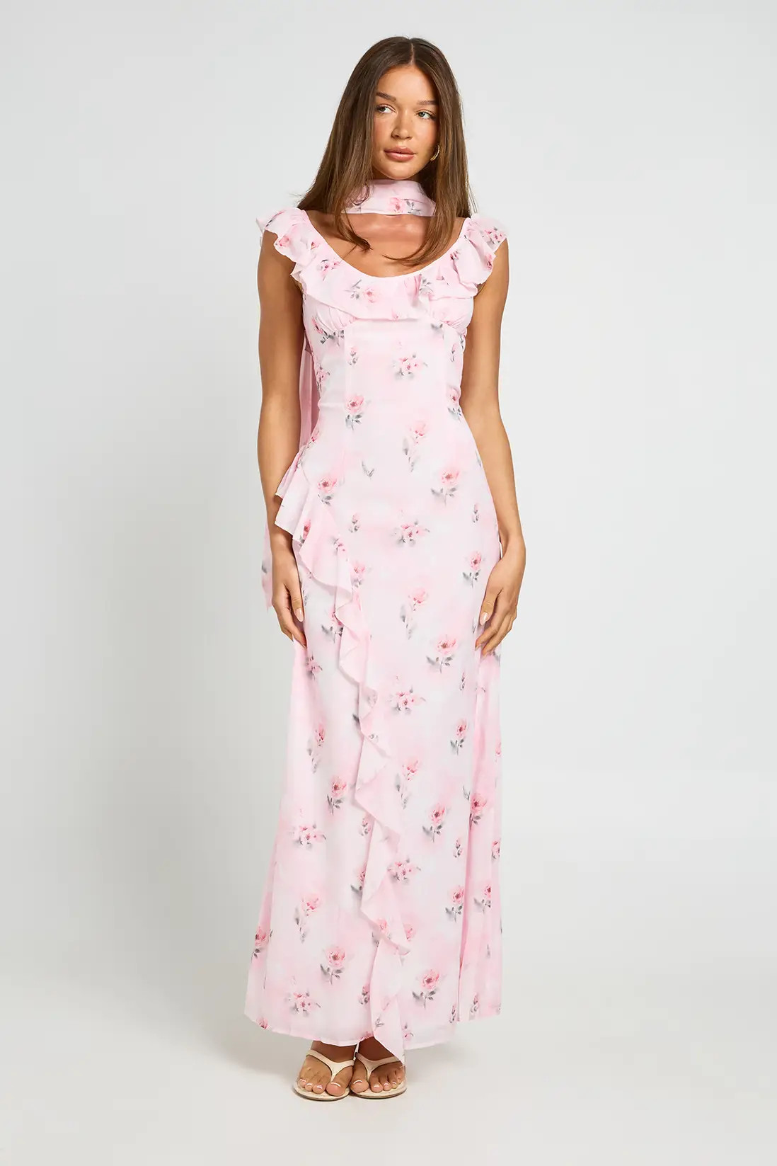 Pink Chiffon Ruffle Scarf Maxi Dress | Boohoo | Boohoo.com (UK & IE)
