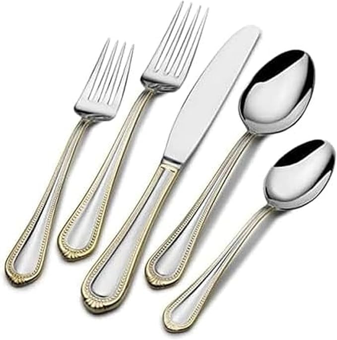 Mikasa, Gold Accent Regent Bead Flatware Service for 12, 65 Piece Set, 18/10 Stainless Steel, Sil... | Amazon (US)