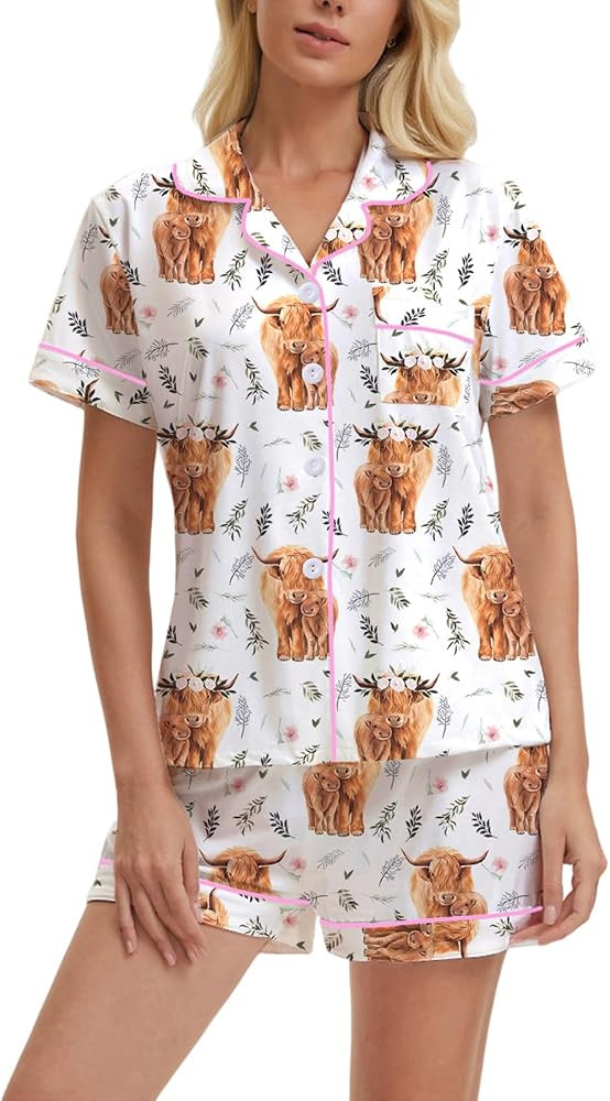 Women's Pajama Sets Button Down Nightwear Lounge Set, Pattern Print Two Piece Sleepwear Jammies O... | Amazon (US)