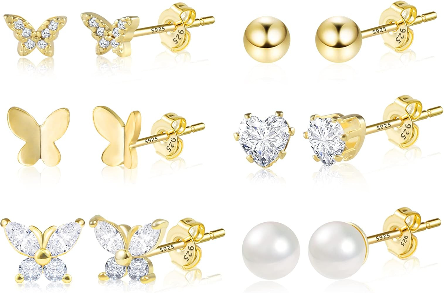 BOUTIQUELOVIN 14K Gold Stud Earrings Set for Women, for Multiple Piercing 925 Silver Plated Studs... | Amazon (US)