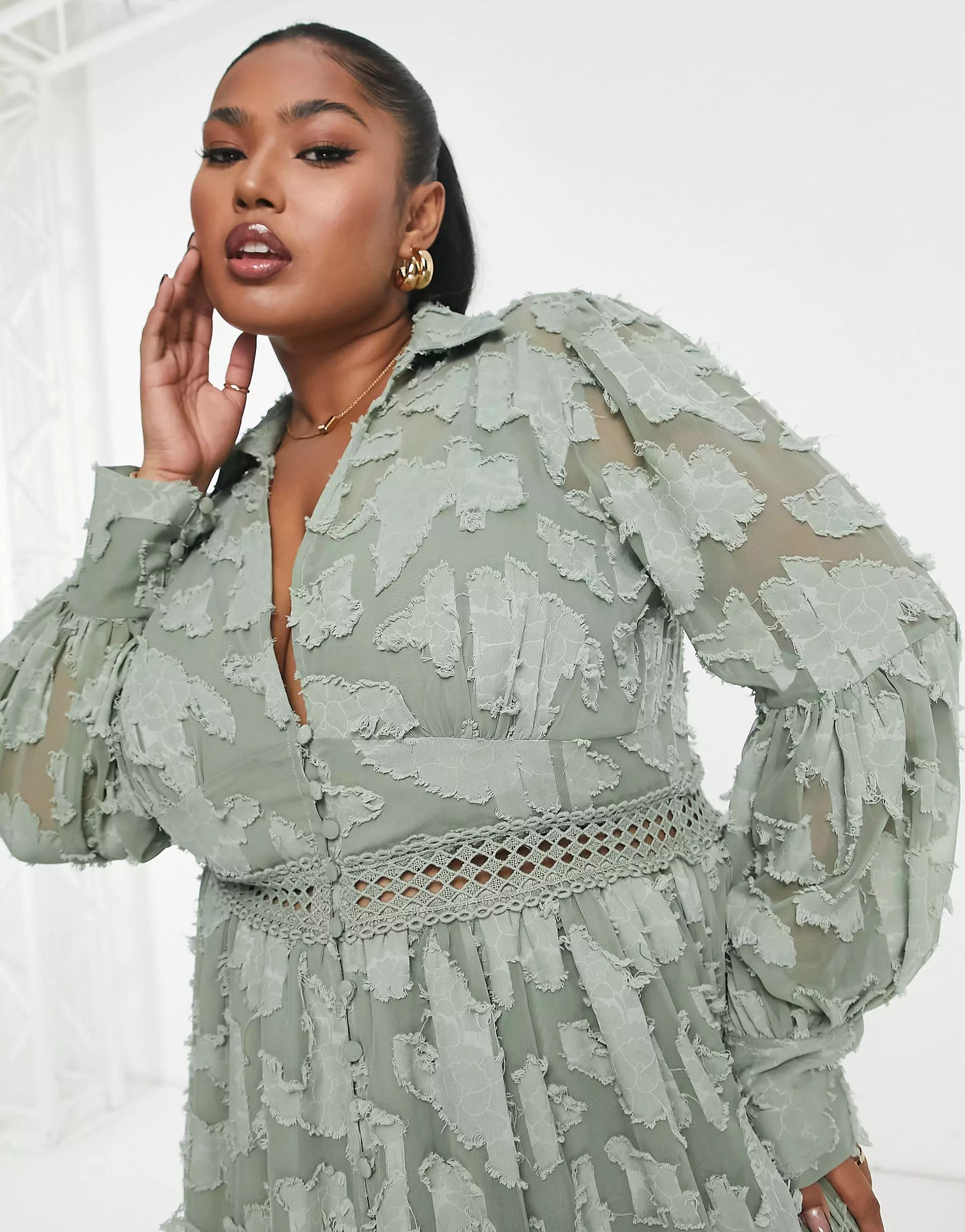 ASOS DESIGN Curve button through midi shirt dress with lace inserts in burnout in khaki | ASOS (Global)