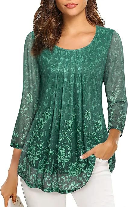 VALOLIA Women's 3/4 Sleeve Tunic Tops Casual Loose Fit Floral Blouses Mesh Pleated Layered Shirt | Amazon (US)