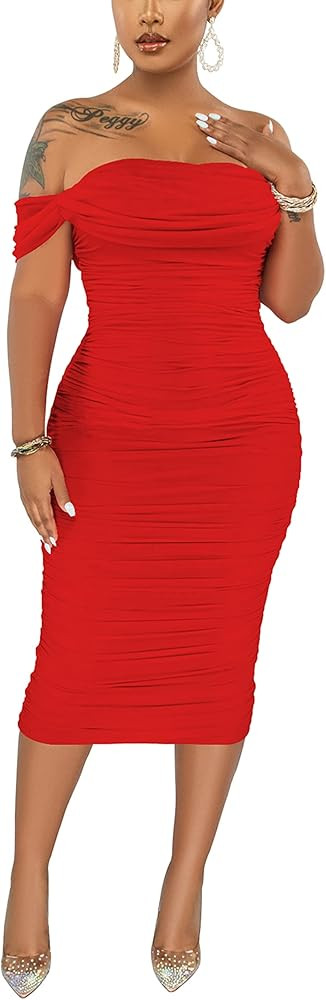 Women's Sexy Off Shoulder Sleeveless Bodycon Ruched Midi Elegant Cocktail Evening Party Night Tub... | Amazon (US)