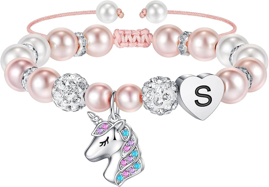 Hidepoo Christmas Gifts for Grandkids Girls - CZ Initial Unicorn Bracelet Adjustable Pink Pearl a... | Amazon (US)