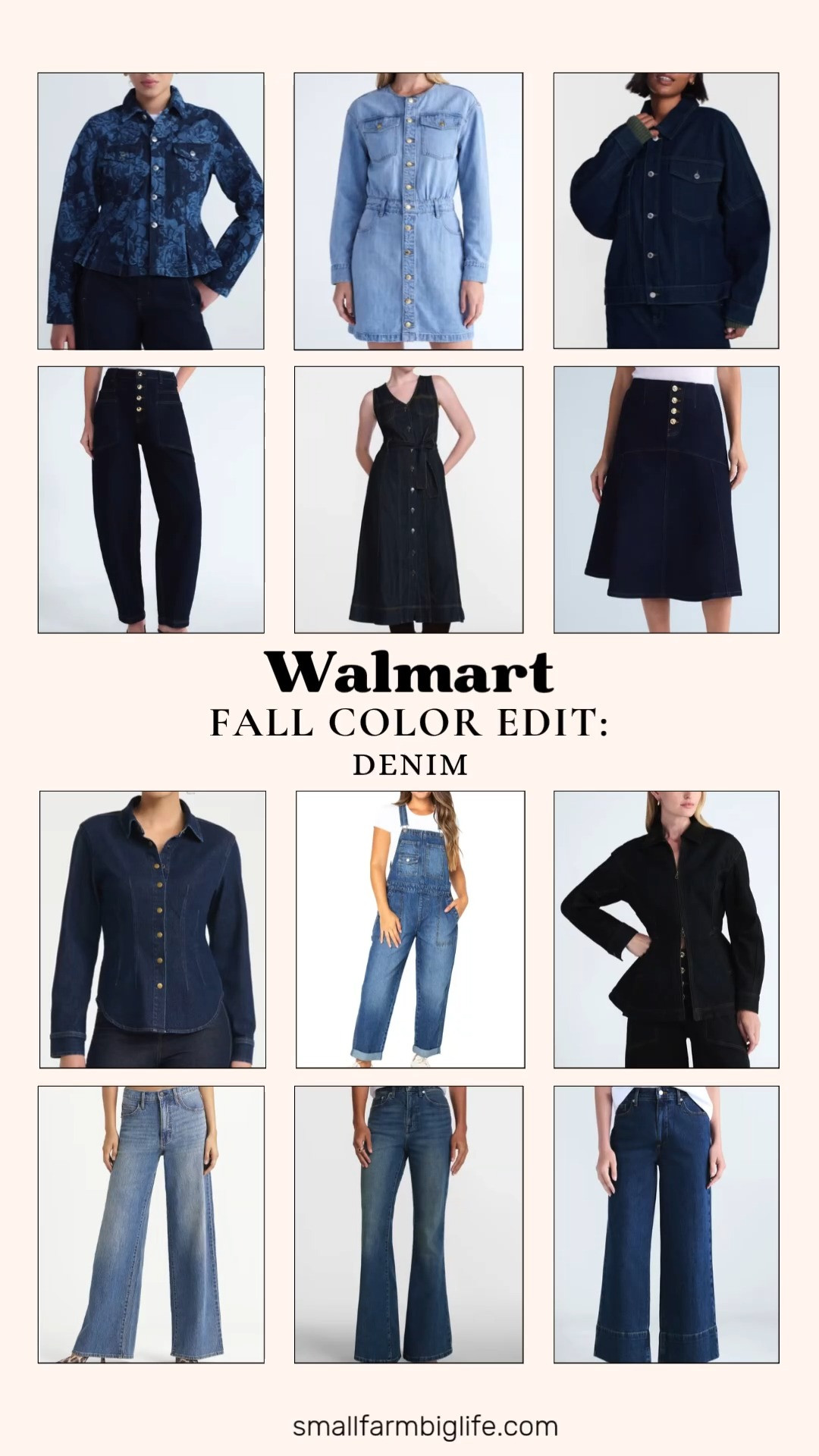 Denim is the fall color edit staple that never goes out of style, and this Walmart lineup covers every silhouette.

From a pleated peplum denim jacket and oversized denim jacket to wide leg and flare jeans, a denim midi dress, a flare midi skirt, and even a relaxed boyfriend overall, there is a dark wash, light wash, or vintage wash for every outfit. Free Assembly, Scoop, No Boundaries, Jessica Simpson, Scenario, Celebrity Pink, and Sofia Vergara all bring their own take on the trend, with options in regular and plus sizes throughout.

Mix and match pieces for easy fall outfits women will want to wear on repeat all season.

#denim #falloutfits #walmartfashion #fallfashion #ootd 

 #LTKxWalmart #LTKOver40 #LTKSaleAlert