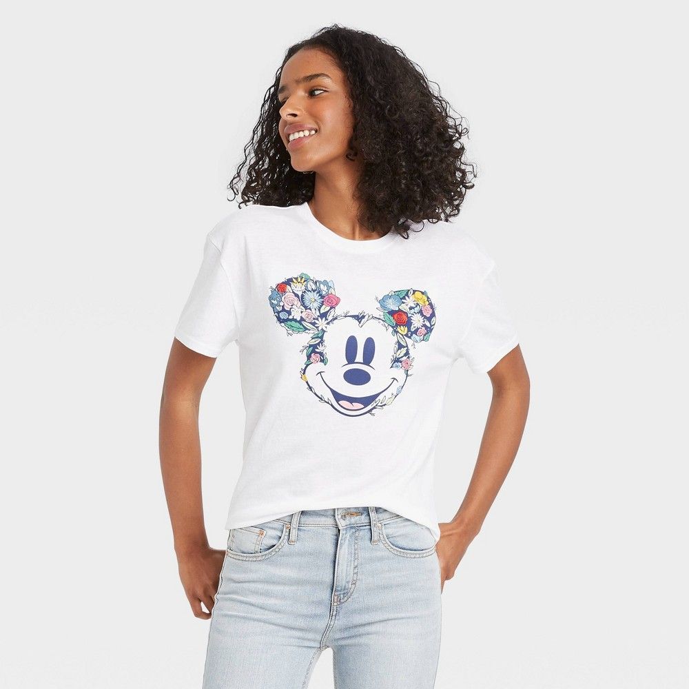 Women's Disney Mickey Floral Print Short Sleeve Graphic T-Shirt - White S | Target