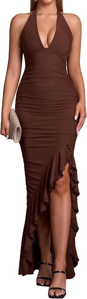 Womens Deep V Neck Halter Dress Ruched Bodycon Long Dress Ruffle Hem Backless Elegant Gown for Fa... | Amazon (US)