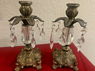 Vintage Brass and Hanging Crystal Candlesticks 9" Hollywood Regency Set of 2  | eBay | eBay US