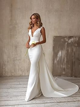 Mermaid Wedding Dresses for Bride 2024 Boho Beach V Neck Long Satin Bridal Dress with Train | Amazon (US)
