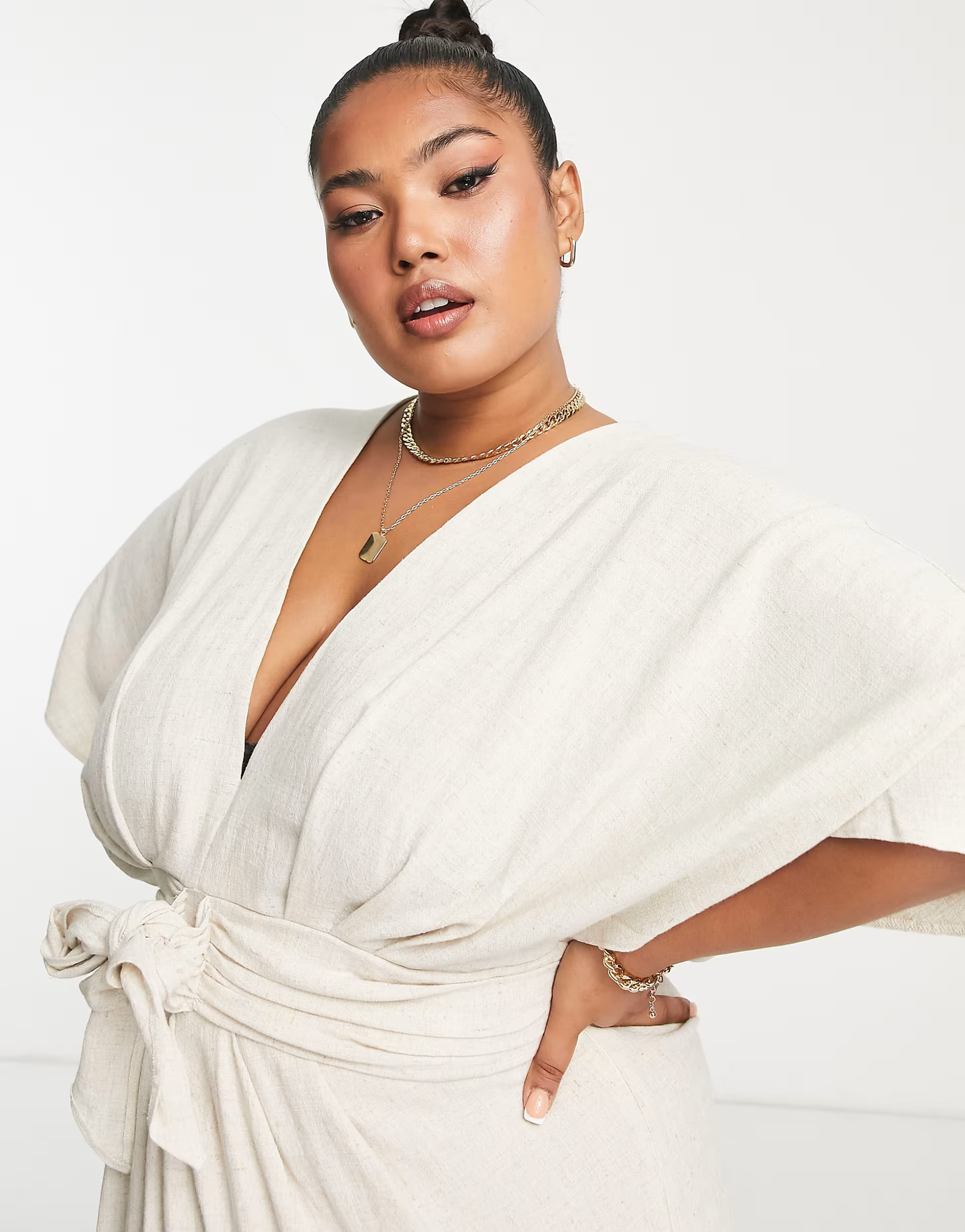 ASOS DESIGN Curve batwing tie front linen midi dress in natural | ASOS (Global)