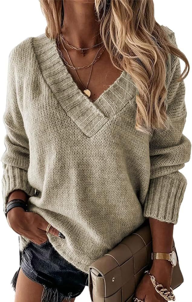 EVALESS Oversized Long Sleeve Sweater for Women Loose V Neck Cable Knit Pullover Jumper Tops | Amazon (CA)