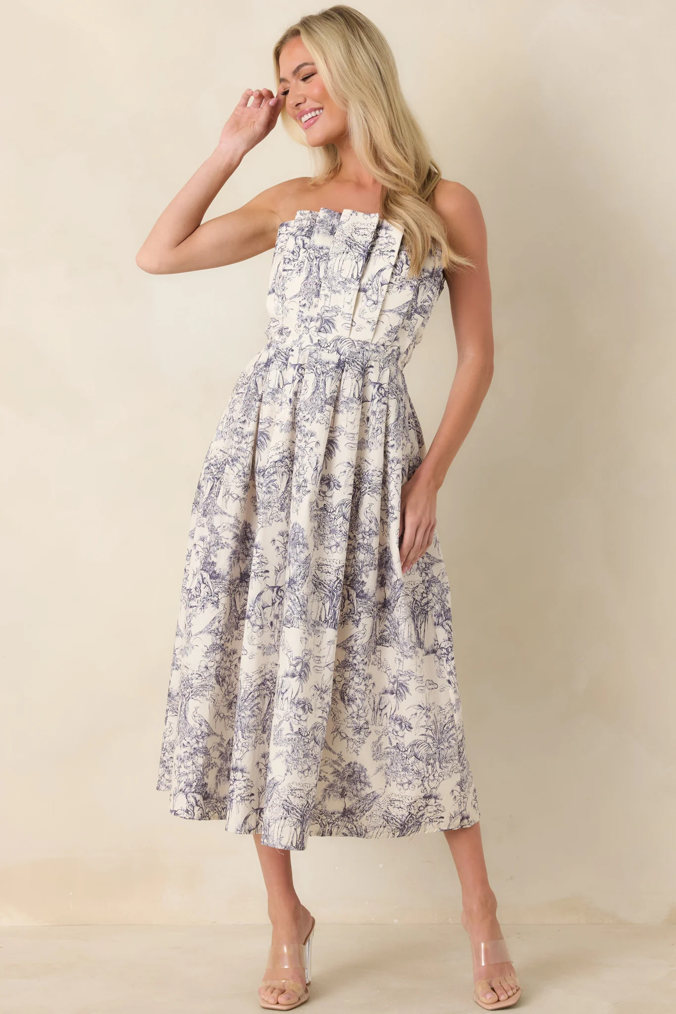 The Genevieve Cotton Navy Blue Toile Strapless Midi Dress | Red Dress