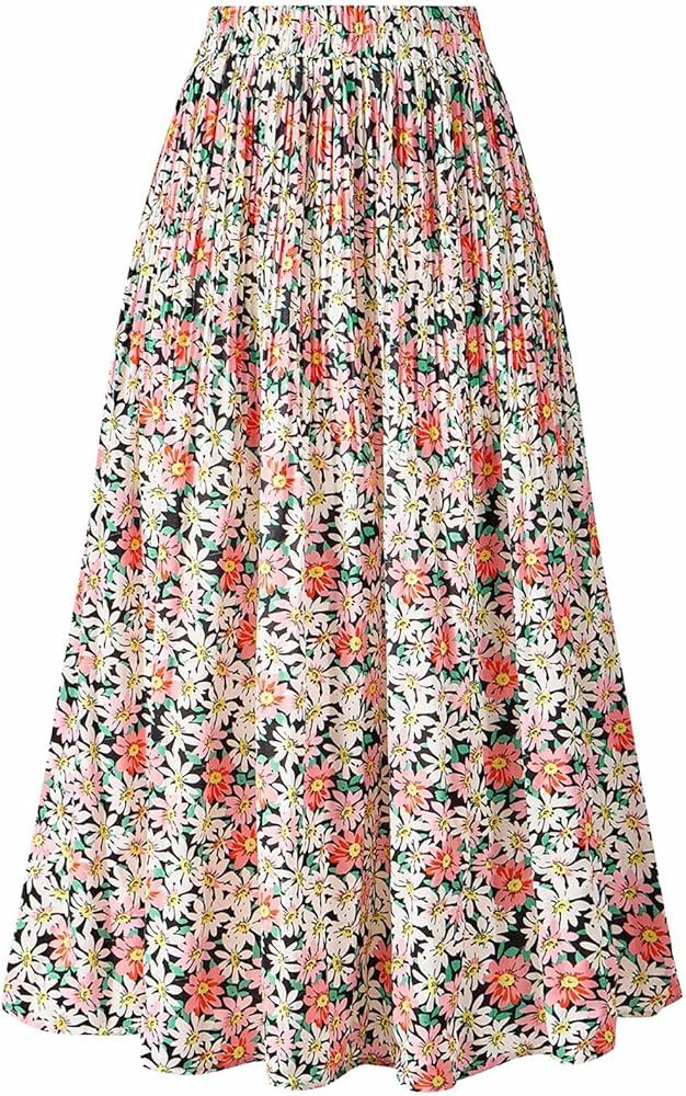 Basoteeuo Womens Skirt Leopard Print Midi Long Shirring Pleated Skirts High Waisted A Line Skirts | Amazon (US)