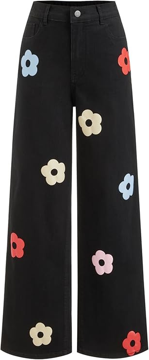 CIDER Floral Print Wide Leg Jeans High Waisted Stretch Denim Pants for Women | Amazon (US)