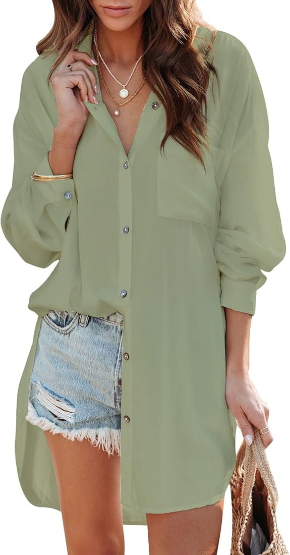 Women's Button Down Shirts Button Up Tunic Dress Long Sleeve Solid Color Dressy Blouse Casual Top... | Amazon (US)