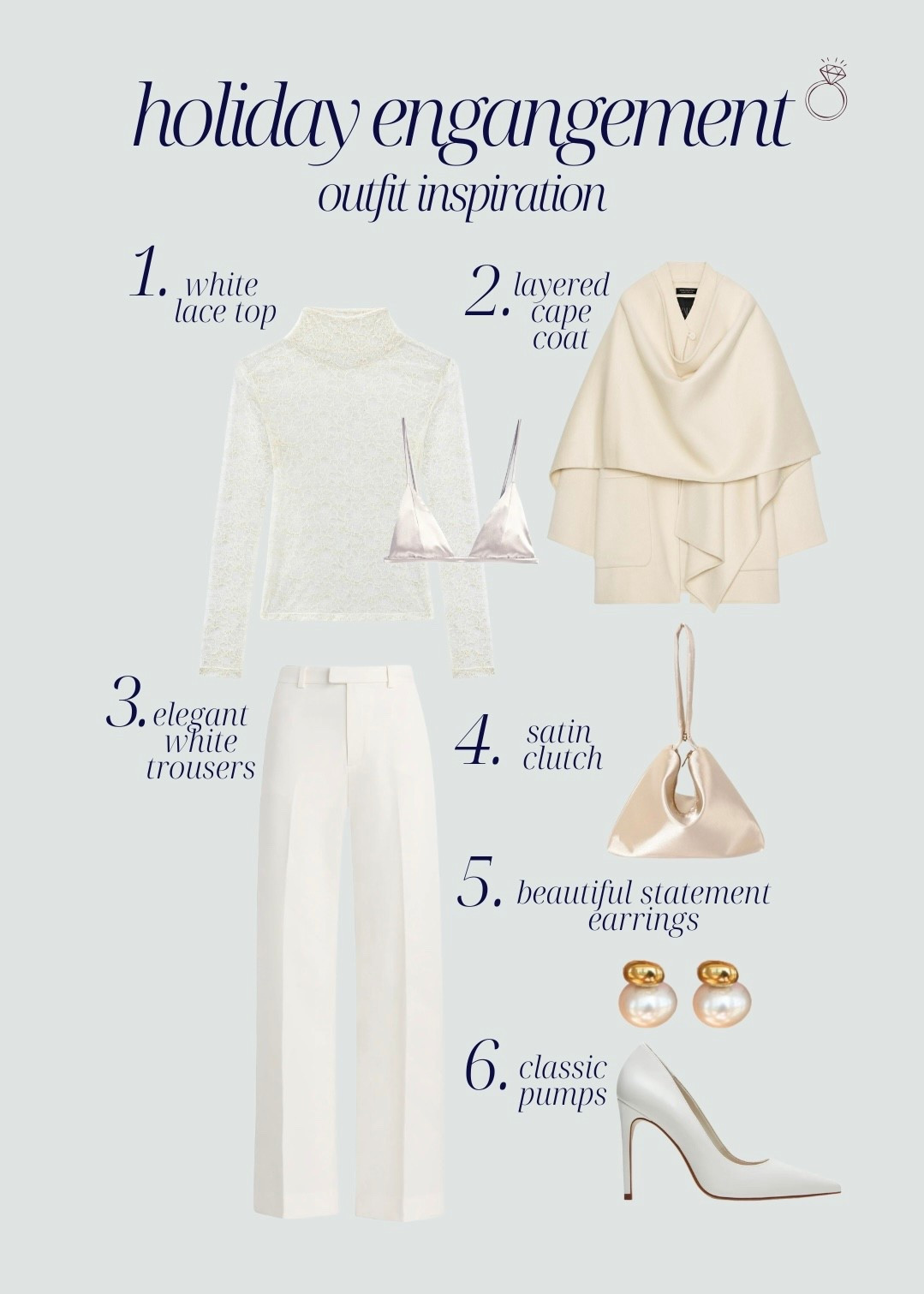 [12/4/25] holiday engagement outfit inspiration | white lace top + cape coat + white trousers| love how cozy this is with different textures weaved throughout to break up the monochromatic look. Linking similar styles as well. 

[jacqmaria code is always viv15]

#LTKWedding #LTKHoliday #LTKSeasonal