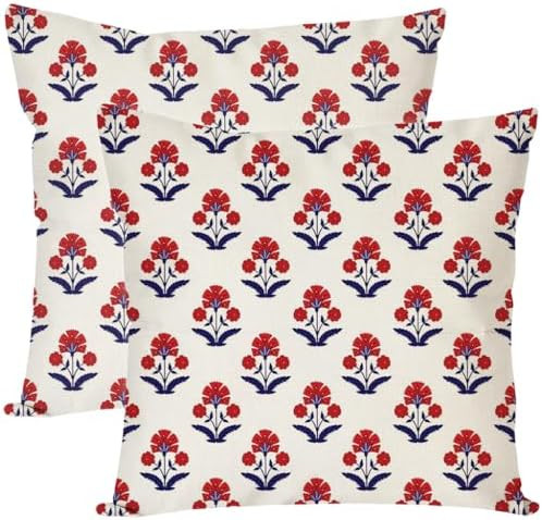 PANDICORN Block Print Throw Pillow Covers 18x18 Inch Set of 2 Red and Blue Vintage Boho Floral Ou... | Amazon (US)