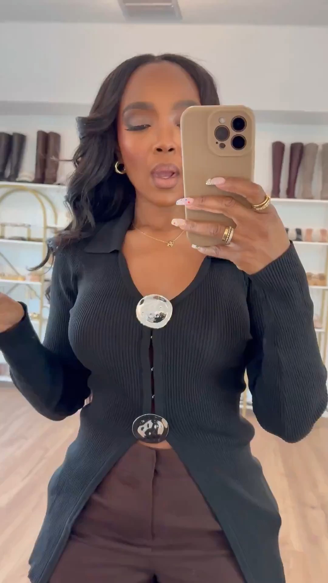 Chic, elevated, and effortlessly polished — this look is all about clean lines with a statement detail. The structured black top instantly elevates the outfit, while the rich brown trousers keep it timeless and flattering. An easy go-to when you want to look put-together without overthinking it. @Revolve 

Perfect for date night, dinner plans, meetings, or an elevated everyday look.

📏 Sizing:
Top: Size Small  
Pants: 27 Long  
Height: 5'4"  
Bust: 34D | Waist: 27" | Hips: 40"

This is one of those pieces you can style multiple ways — swap heels for flats or add a blazer and the cost per wear keeps dropping. A smart long-term shopping strategy staple for any capsule wardrobe.

Save this post to revisit later and shop all the details instantly.

Follow me on Instagram and YouTube @kirasfashionfinds

Follow my LTK @kirasfashionfinds on the @shop.LTK app to view this post and get my exclusive app-only content!

#liketkit 
@shop.ltk
https://liketk.it/5MmzK