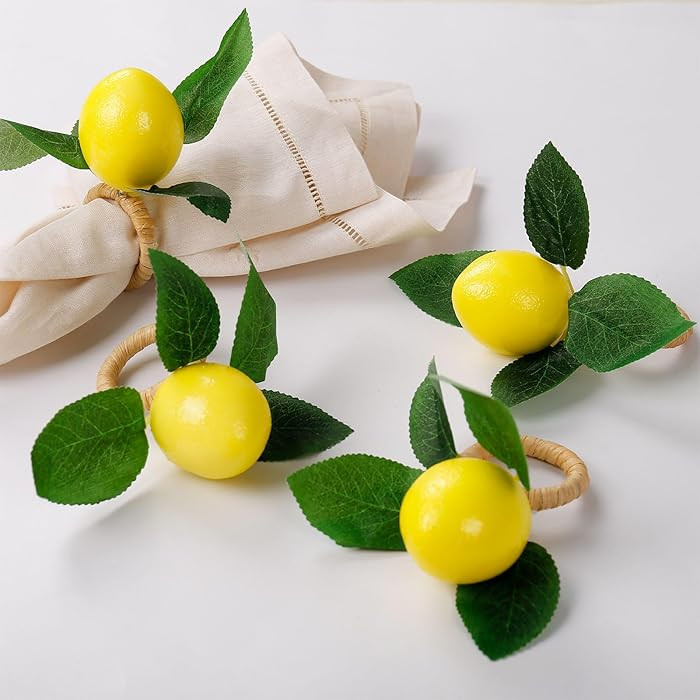 wonlex Handmade Napkin Rings Set of 4, Yellow Faux Lemon with Vine Napkin Ring for Wedding, Dinne... | Amazon (US)
