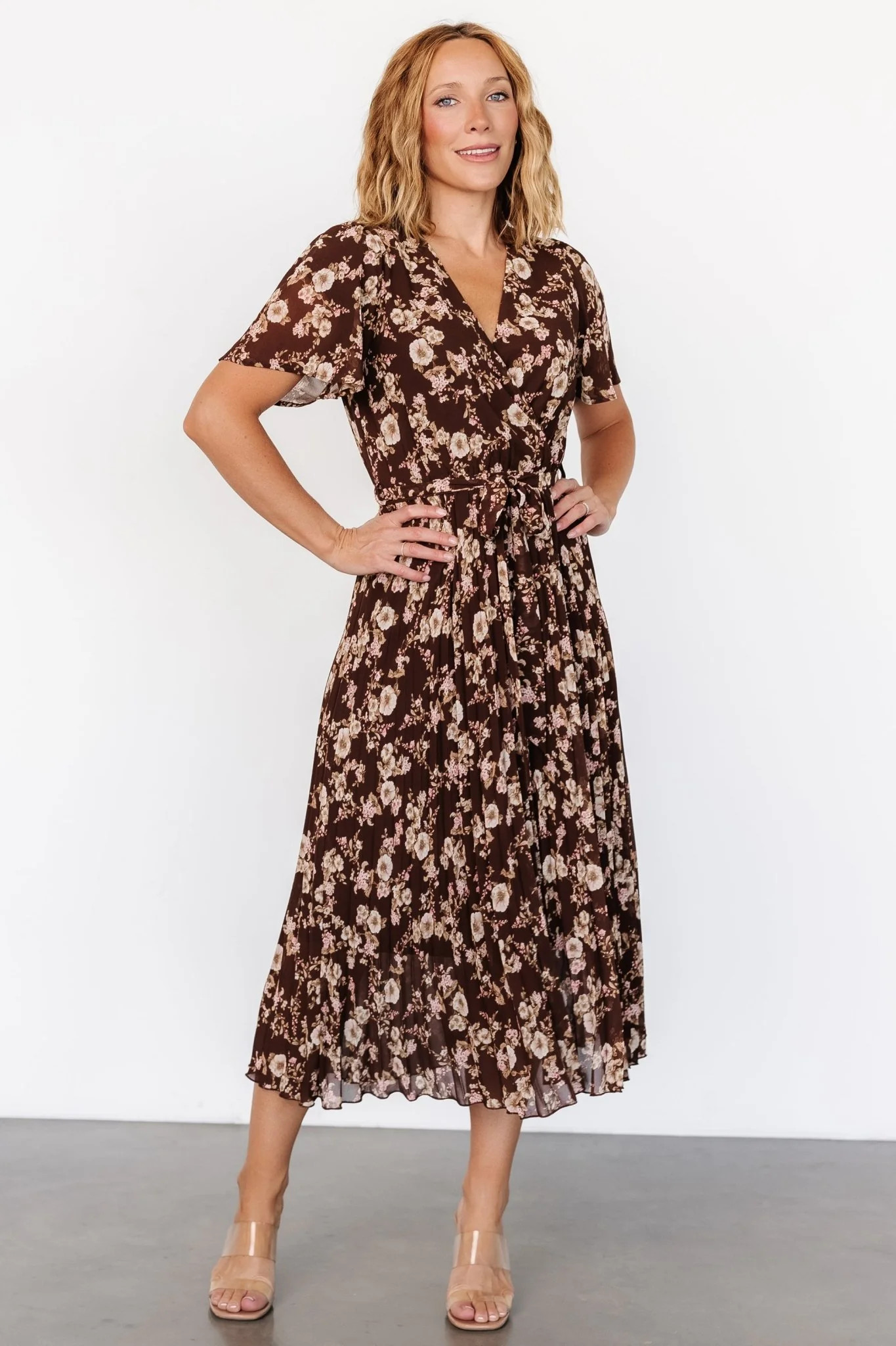 Cassidy Pleated Midi Dress | Brown Floral | Baltic Born