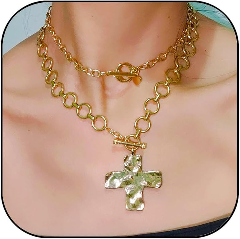 Chunky Gold Cross Necklace for Women Gold Layered Cross Statement Necklace Retro Hammered Large C... | Amazon (US)