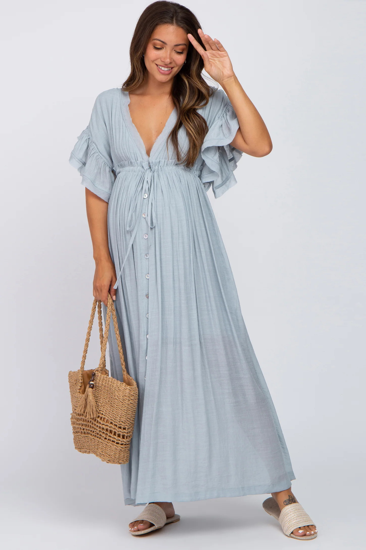 Light Blue Deep V-Neck Button Down Maternity Maxi Dress | PinkBlush Maternity