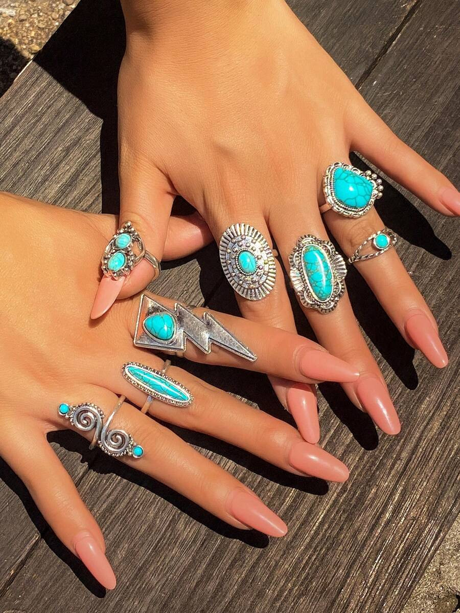 8pcs/Set Vintage & Bohemian Style Multi-Element Turquoise Inlaid Rings, Minimalist Hollow Out Cha... | SHEIN