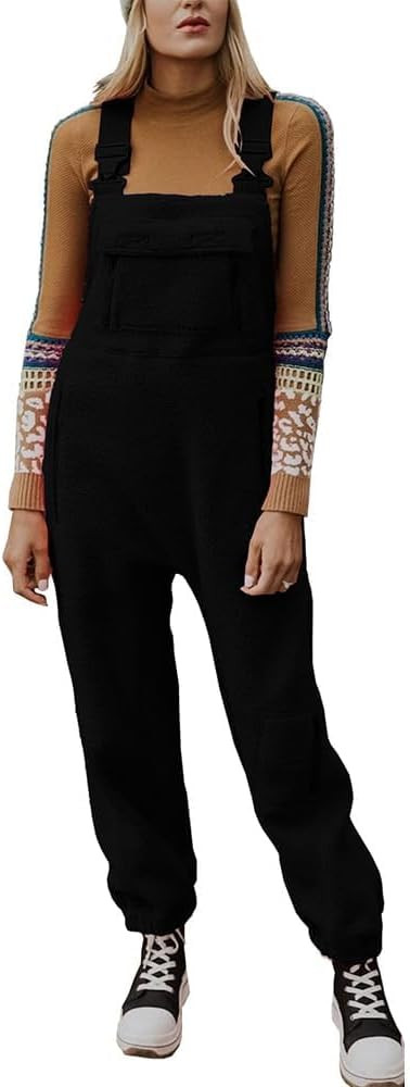 yoeasy Women's Warm Fleece Fuzzy Overalls Sleeveless Winter Loose Adjustable Strap Bib Jumpsuits ... | Amazon (US)
