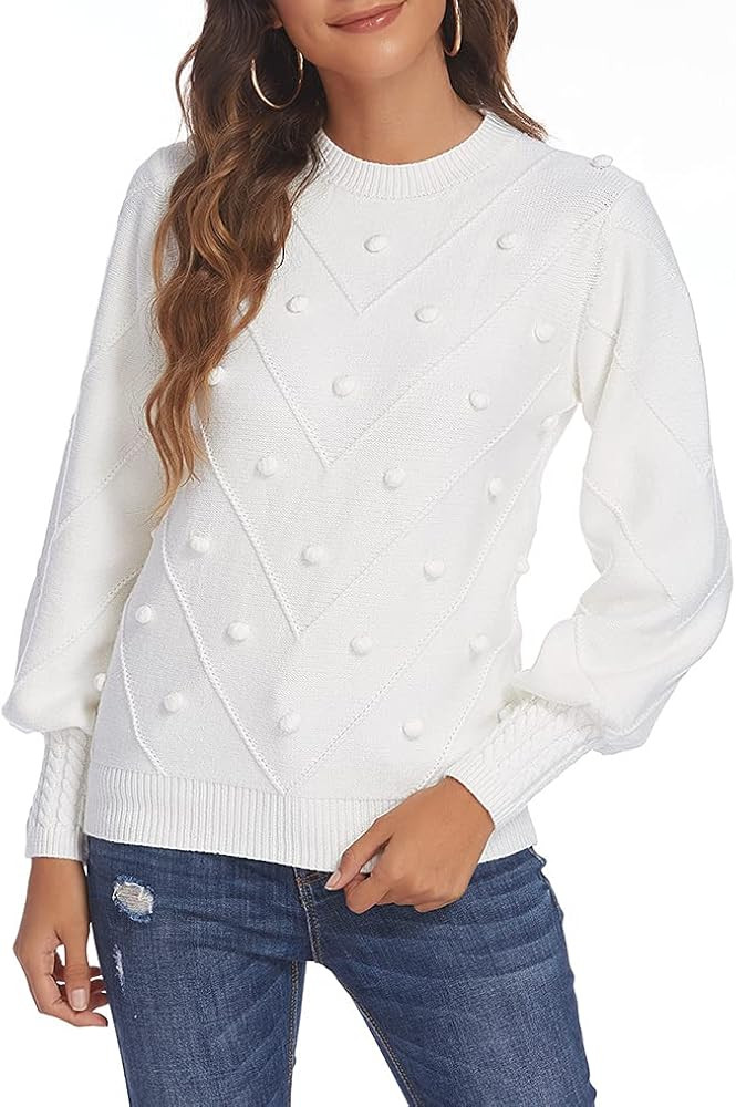 Locryz Women's Crew Neck Lantern Sleeve Sweater Pullover Elegant Pom Knit Jumper Top | Amazon (US)