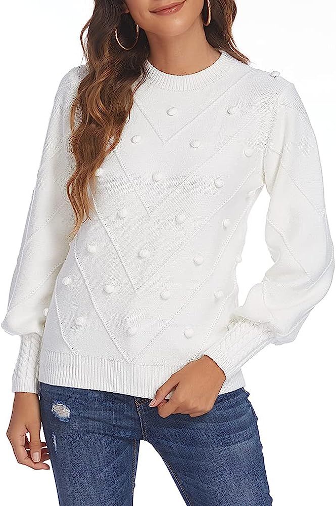 Locryz Women's Crew Neck Lantern Sleeve Sweater Pullover Elegant Pom Knit Jumper Top | Amazon (US)