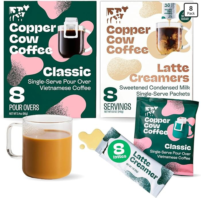 Copper Cow Coffee Pour Over Vietnamese Coffee Pouches + Sweetened Condensed Milk Creamers (8 Coff... | Amazon (US)