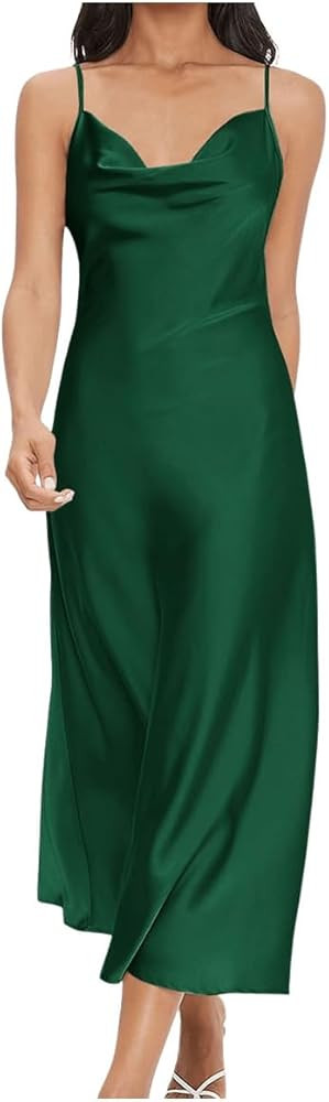 Floerns Women's Spaghetti Strap Cowl Neck Long Slip Satin Silk Midi Dress | Amazon (US)