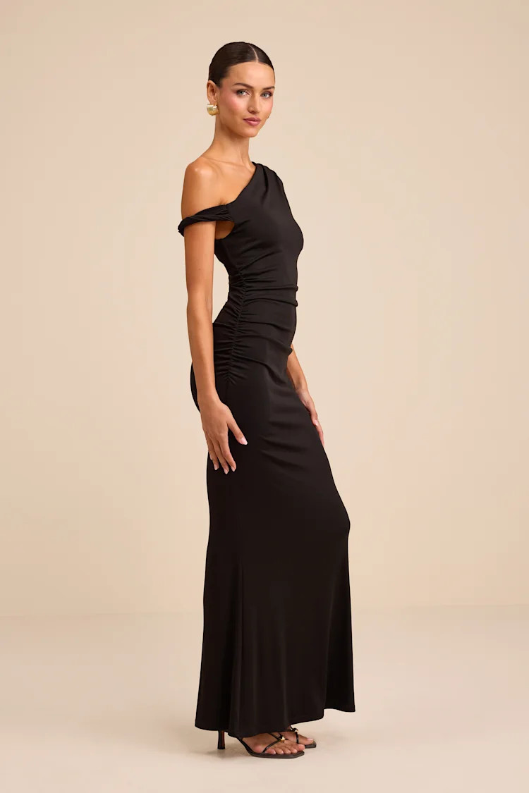 Oriella Black Asymmetrical Ruched Mermaid Maxi Dress | Lulus