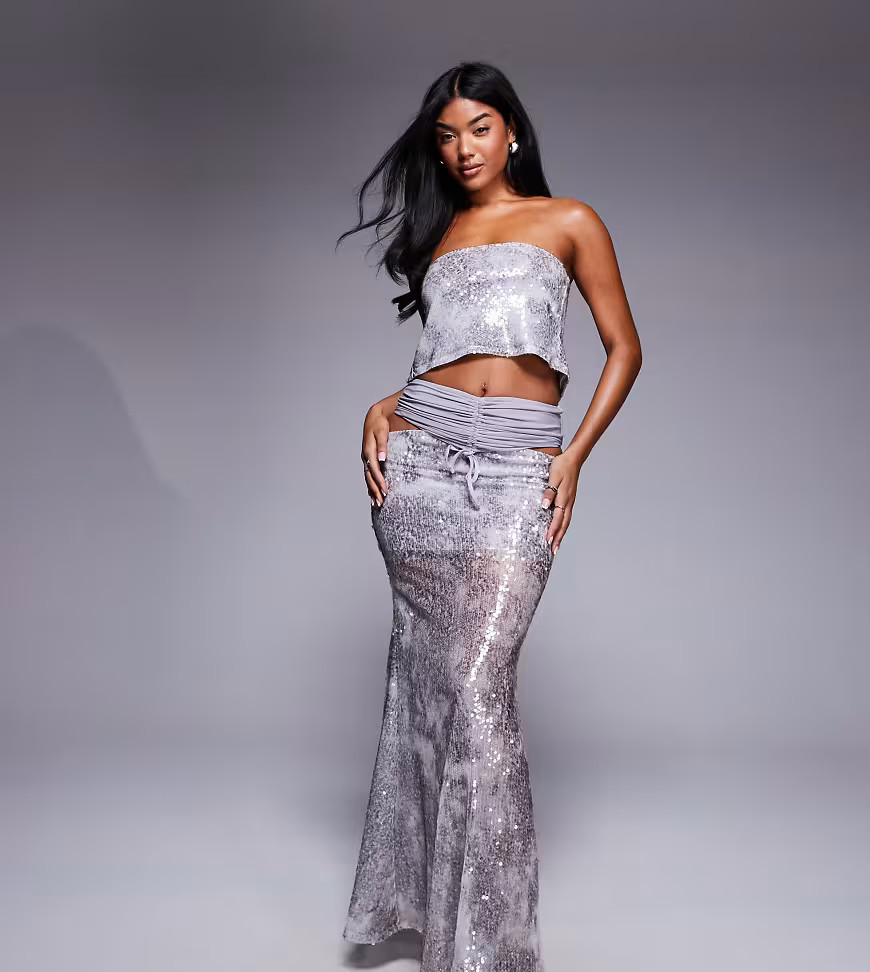 ASOS x THE SOURCED COLLECTION sequin ruched maxi skirt in gray - part of a set | ASOS (Global)
