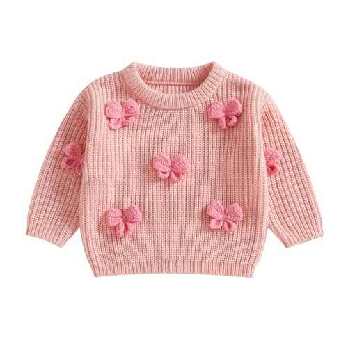 Motlapol Toddler Baby Girl Bow Sweater Long Sleeve Round Neck Chunky Knit Pullover Tops Infant Cute Fall/Winter Warm Clothes (3D Bow Pink, 6-12 Months) | Amazon (US)