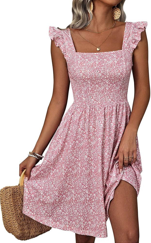 Loemes Summer Cute Floral Flowy Knee Length Sundressses Beach Dress for Women 2024 | Amazon (US)