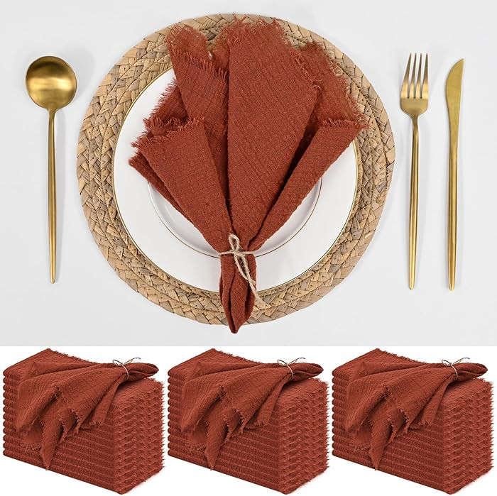36 Pack Terracota Handmade Cloth Napkins 12 x 12 Inch Cotton Linen Napkins with Fringe, Washable ... | Amazon (US)