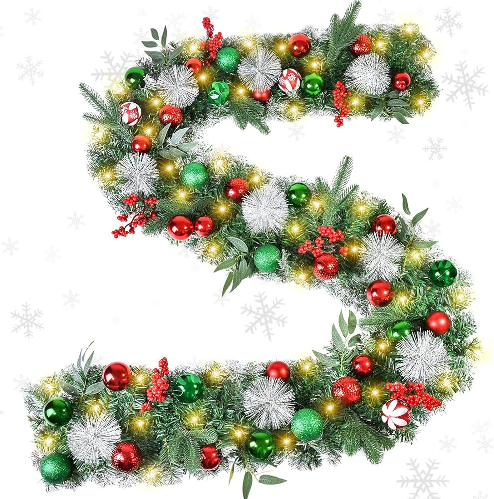 Beinhome Christmas Garland with Lights, 9 FT Pre-Lit Christmas Garland with Red Green Glitter Mat... | Amazon (US)