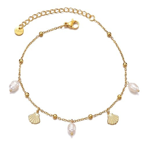 Frigotine Dainty Gold Shell Pearl Ankle Bracelet for Women Trendy non-Tarnish Adjustable Anklet Summer Beach Charm Ocean Fashion Jewelry Gift | Amazon (US)